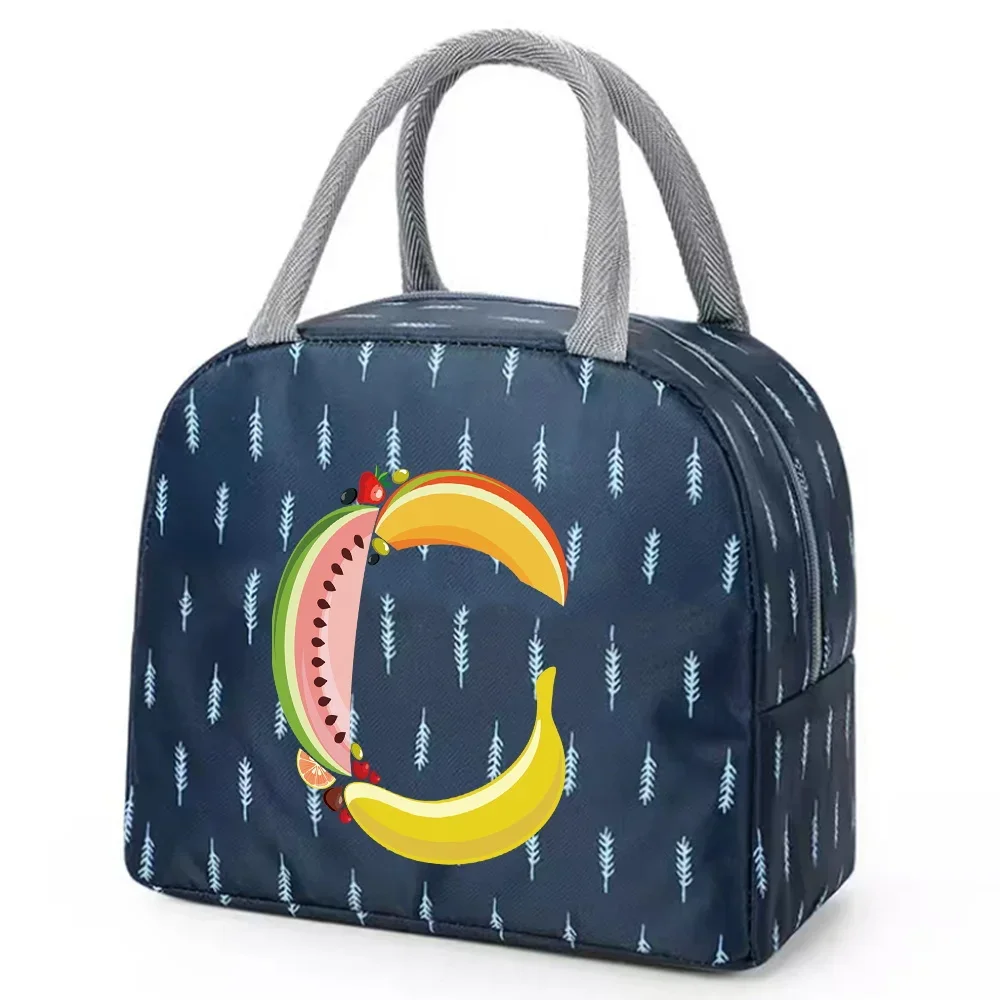 Insulated Canvas Lunch Bag for Kid Boys Zipper Printing Fruit Portable Blue Cute Tote Bags Waterproof Bento