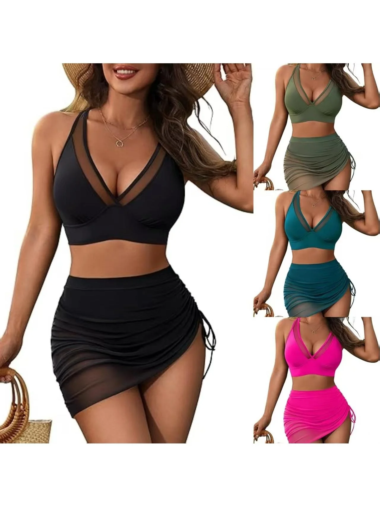 Sexy Mesh Swimsuit Set Women's Drawstring Bikini Quick Dry Removable Chest Pad Back Adjustable  Color Pool Scene