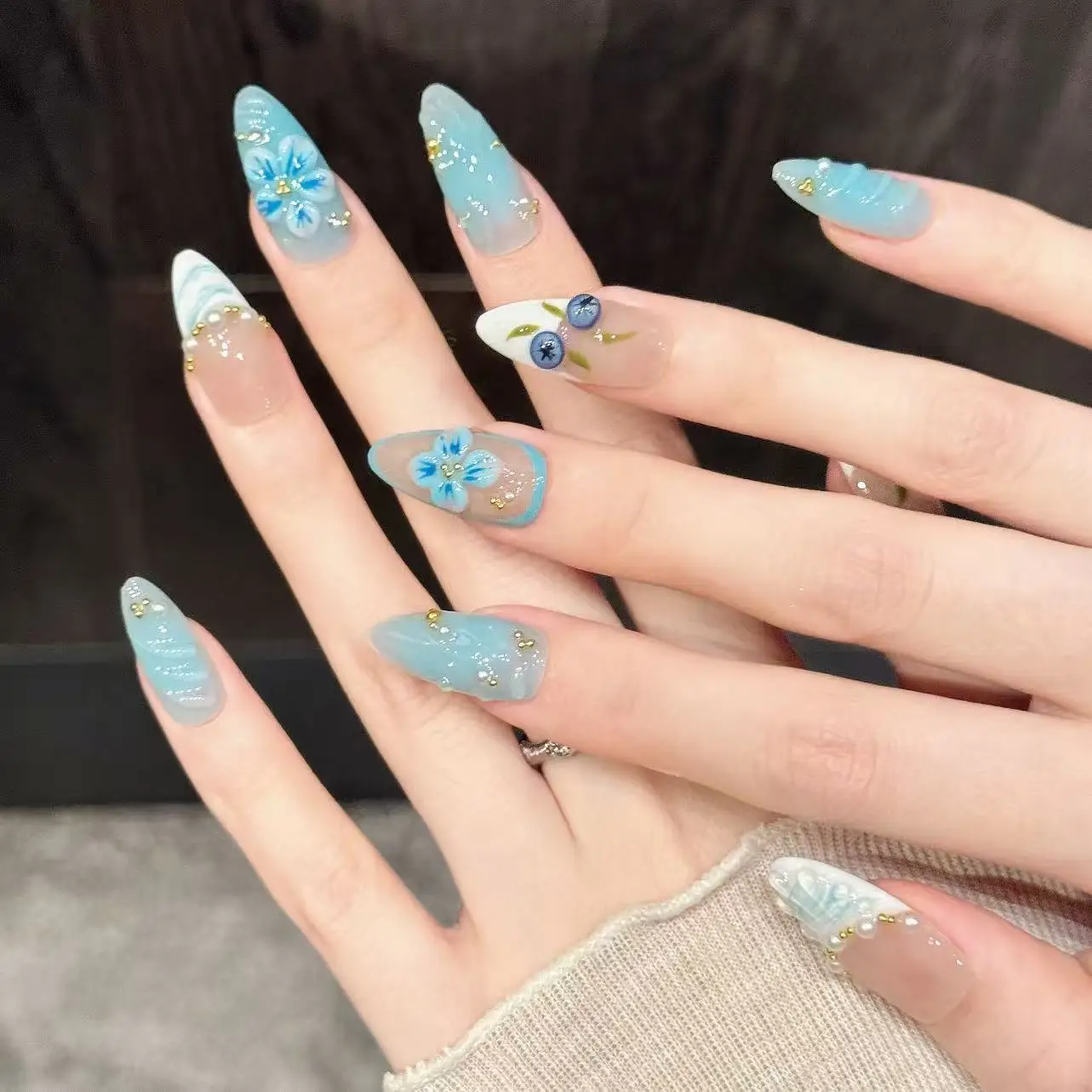 10Pcs Handmade Nails Blue Sea Berry Tale Ice Blue Gradient Nail Tips Hand Painted Blueberry Carving