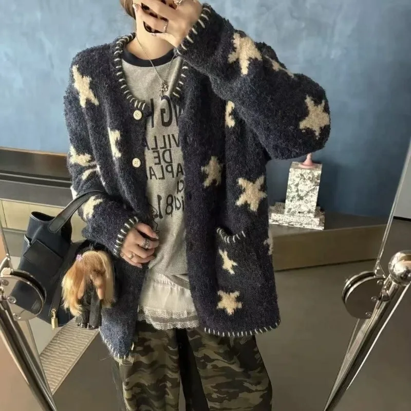 2025 inverno coreano vintage estrela impressão de malha cardigan feminino harajuku camisola manga longa casual outerwear senhoras malhas