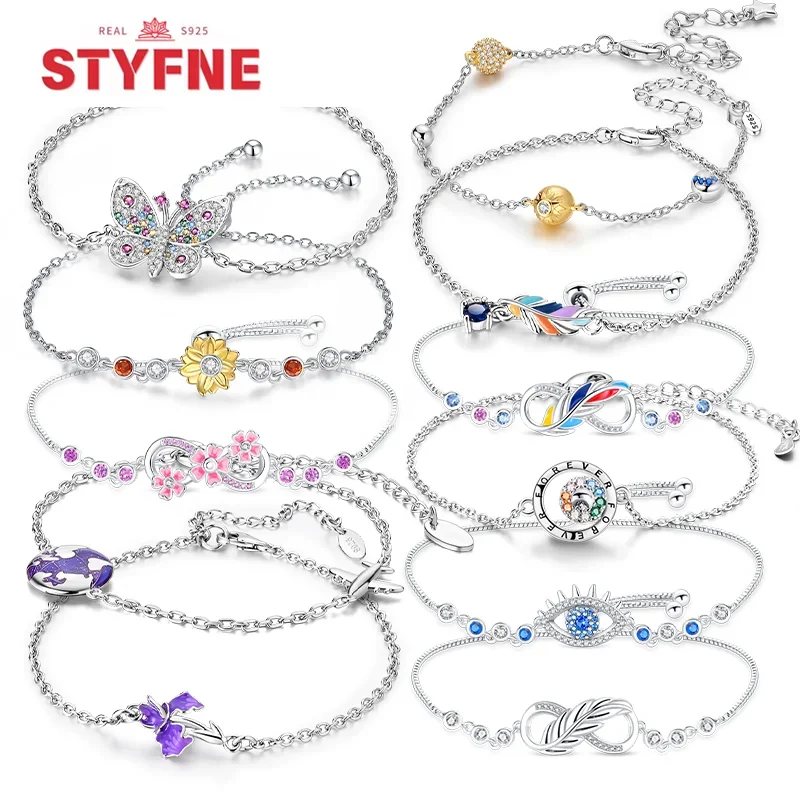 Bracciale a maglie a catena in argento S925 di dimensioni regolabili per le donne Braccialetti con gioielli con ciondoli a forma di cuore con piume, farfalle, stelle, albero della vita