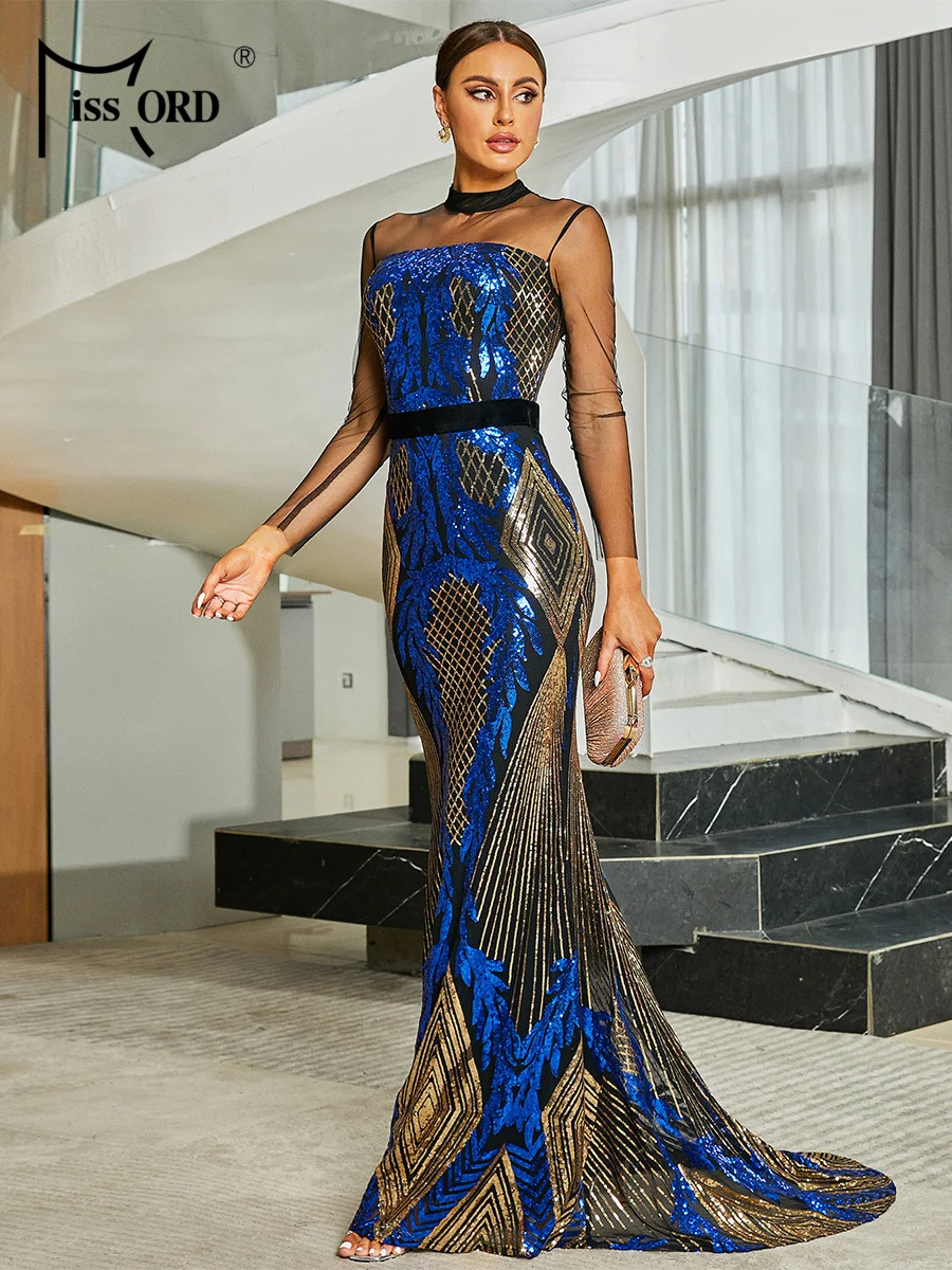 

Missord Blue Mermaid Evening Dresses Elegant Stand Collar Mesh Long Sleeve Sequin Velvet Belt Bodycon Party Prom Dress Gown