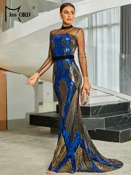 Missord Blue Mermaid Evening Dresses Elegant Stand Collar Mesh Long Sleeve Sequin Velvet Belt Bodycon Party Prom Dress Gown