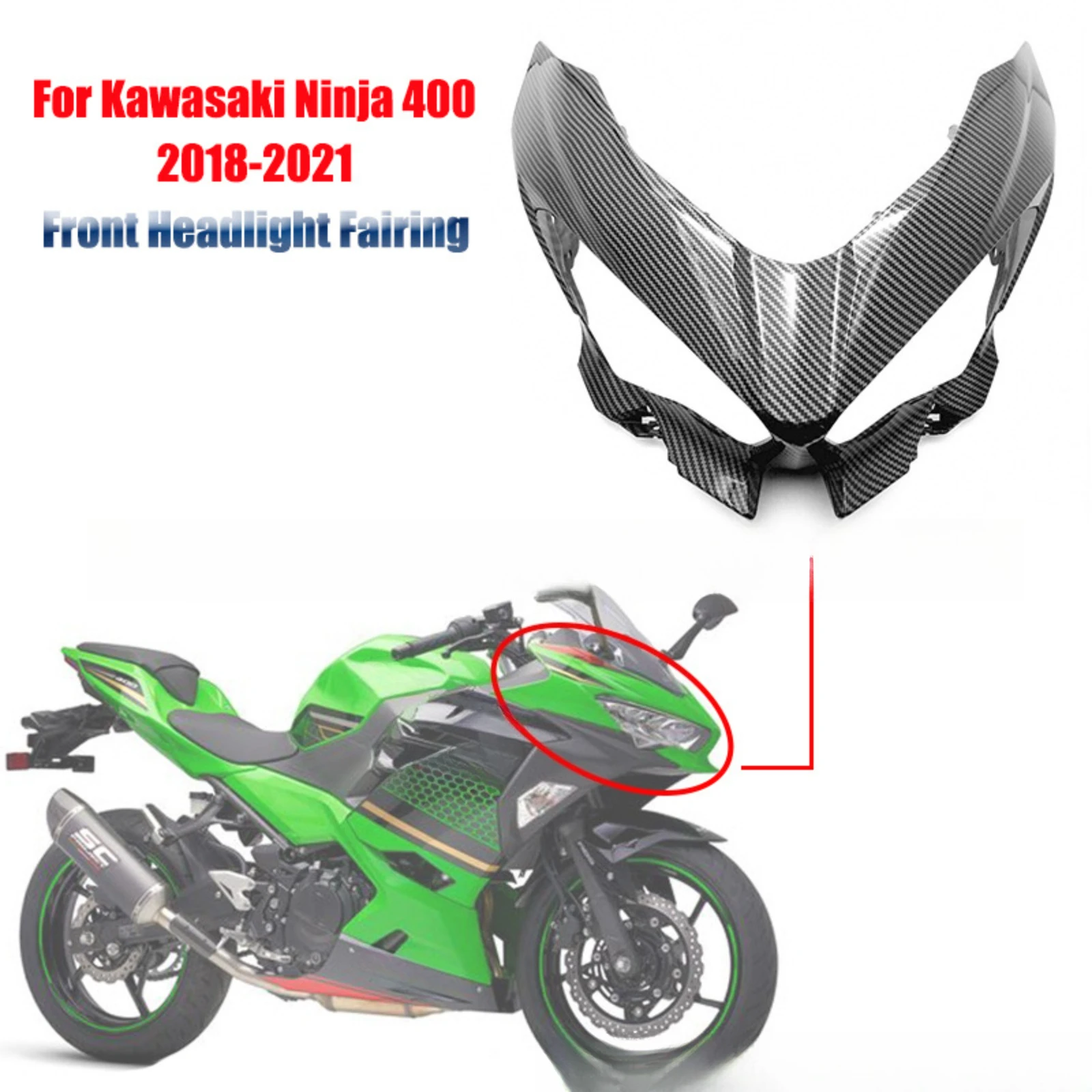 

Для Kawasaki Ninja 400 2018-2023: передний обтекатель, основной корпус, кронштейн фары, опора передней фары мотоцикла
