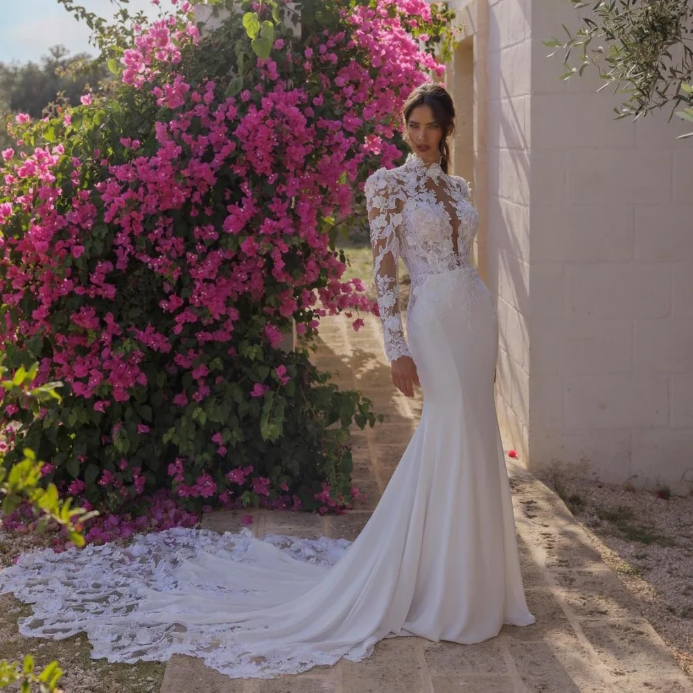 

High-neck Backless Wedding Dress Sexy Lace Applique Bridal Dress Charming Long Sleeve Bridal Gown Vestidos De Novia Customized