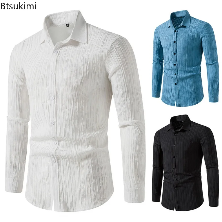 2026 New Men's Casual Long Sleeve Shirts Fashion Wave Pattern Cotton Linen Shirts for Men Solid Lapel Button-up Tops Streetwear