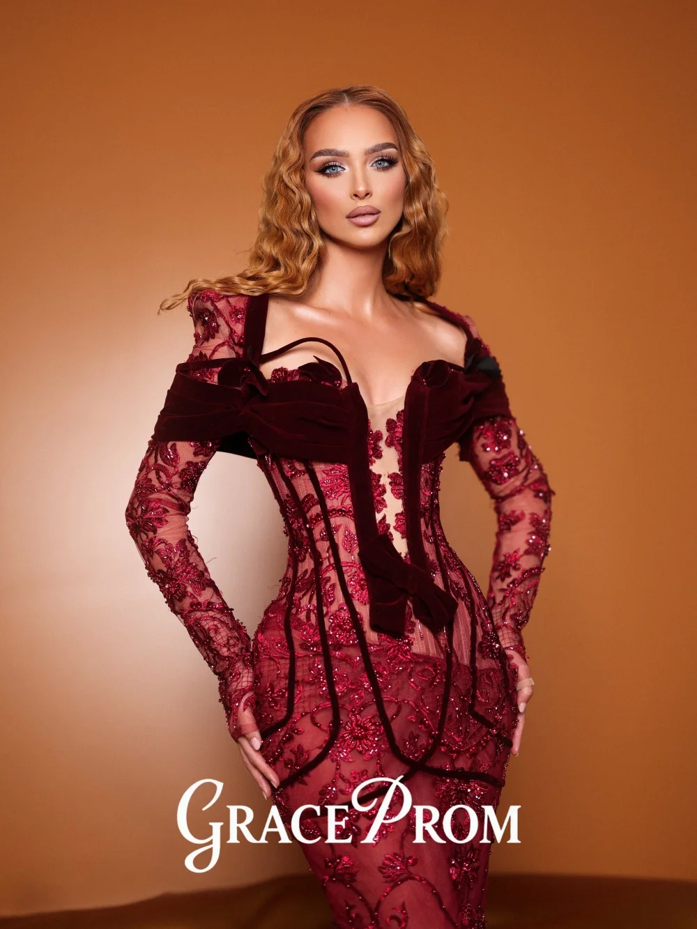 

GraceProm Rich Burgundy-Hued Evening Dress 2026 Lace Carpet Gown Sultry A-Line Floor-Length Party Gown فساتين سهرة