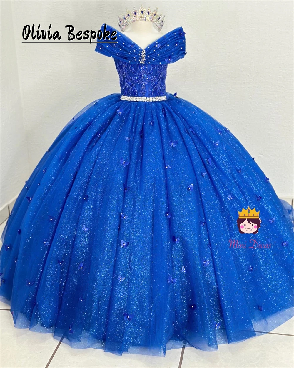 

Glamorous King Blue Flower Girls Dresses For Wedding Beaded Crystal Butterfly Appliques Ball Gown 2024 Birthday Luxury Dress