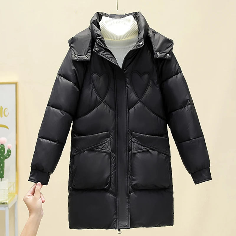 Women Winter Oversize Outwear Cotton Down Solid Hooded Coat Thickened Clothing Female Parkas Medium Long Casual Jacket Top 2024