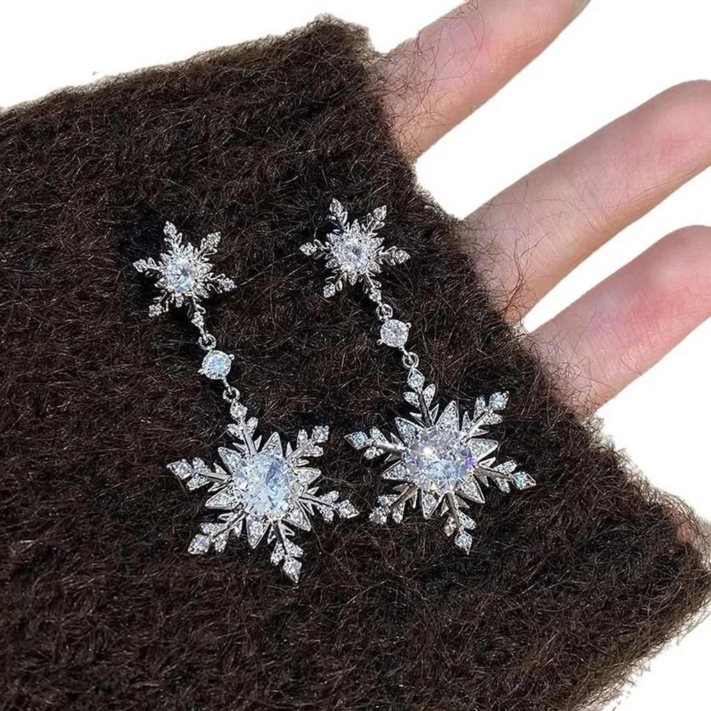 Silver Post Earrings Dynamic Snowflake Drop Earrings Double Snowflake Earrings Translucent For Autumn Winter Wear Holiday