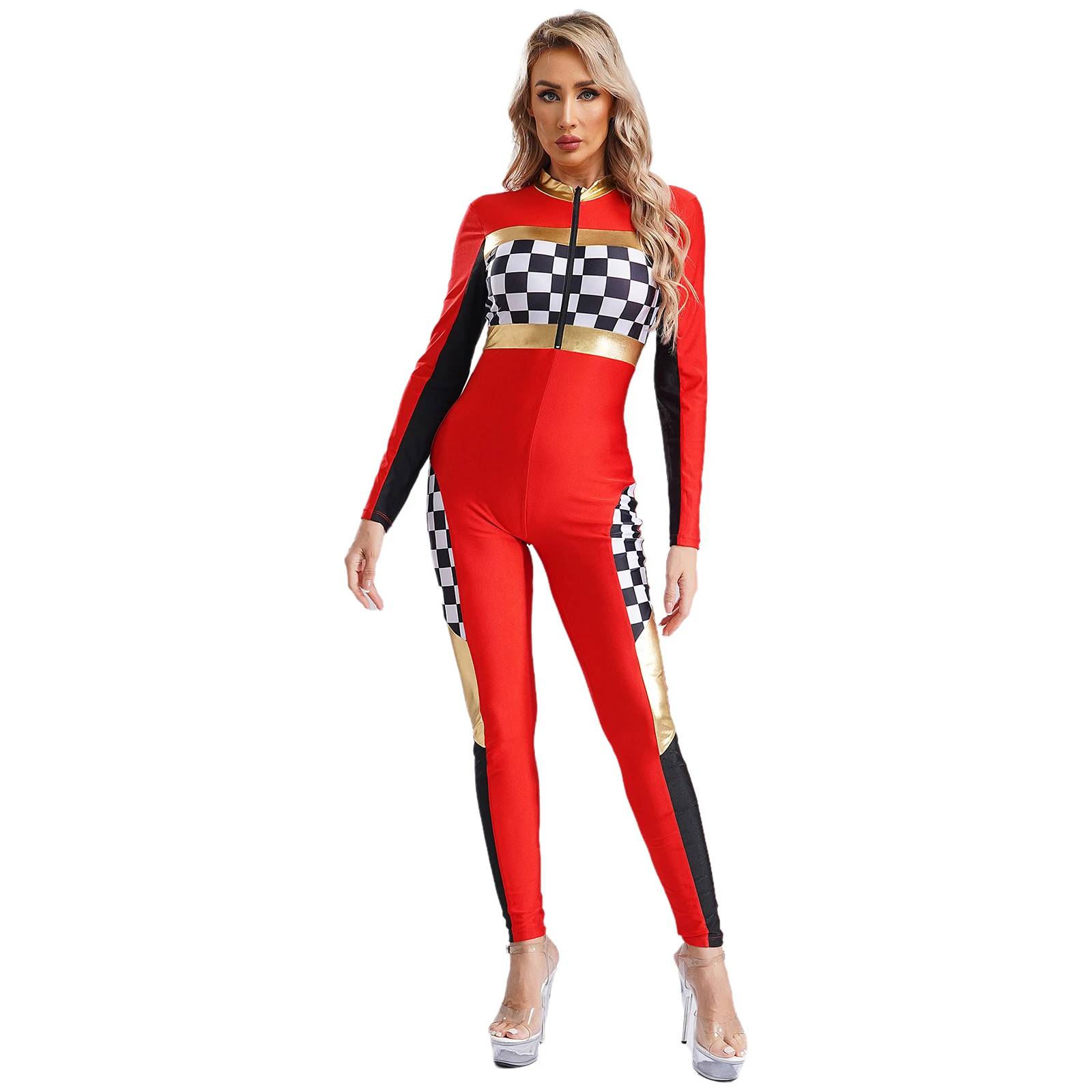 Womens Halloween Sexy Race Car Driver Cosplay Costumes Sexy Racing Jumpsuit Long Sleeves Racer Girls Cheerleaders Uniform