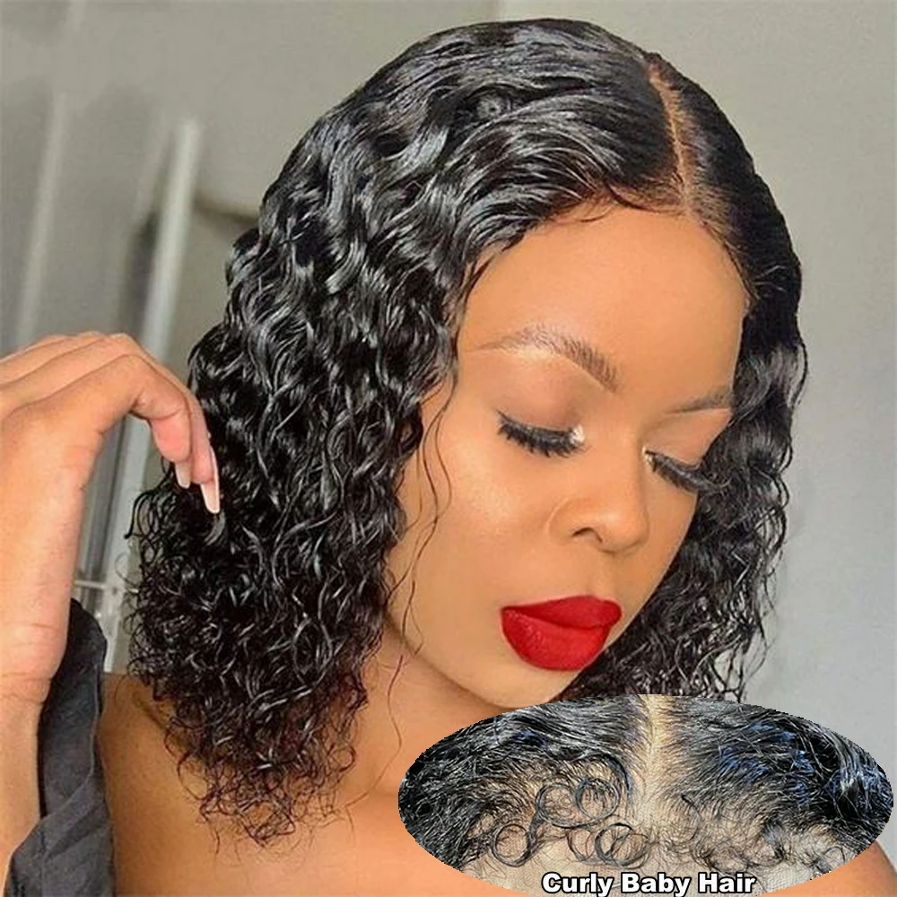 

4C Hairline Realistic Curly Edges Wig Water Wave 4X4 13x4 Lace Front Human Hair Bob Wigs With Curly Baby Hair Remy Glueless Wigs