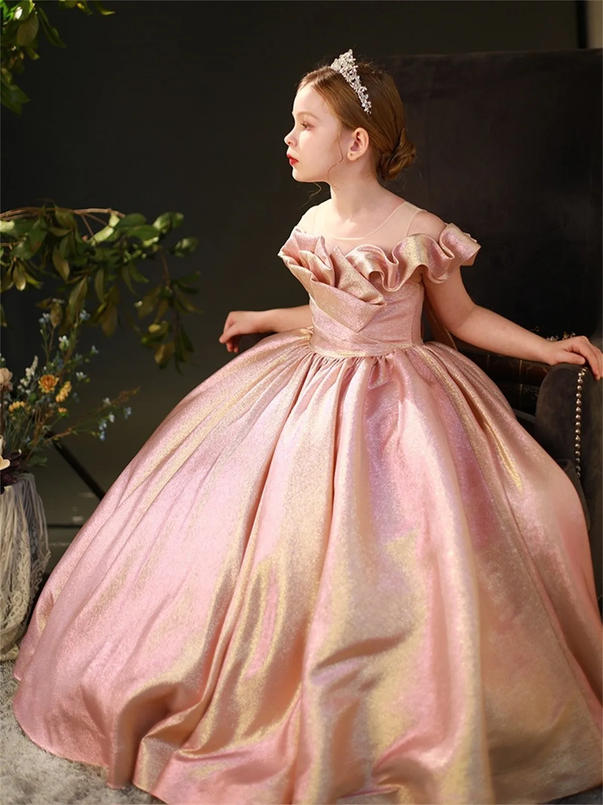 Princess Pink Shiny Flower Girl abiti da sposa elegante Prom Ball Pageant Gown festa di compleanno per bambini con fiocco abbigliamento per la prima comunione