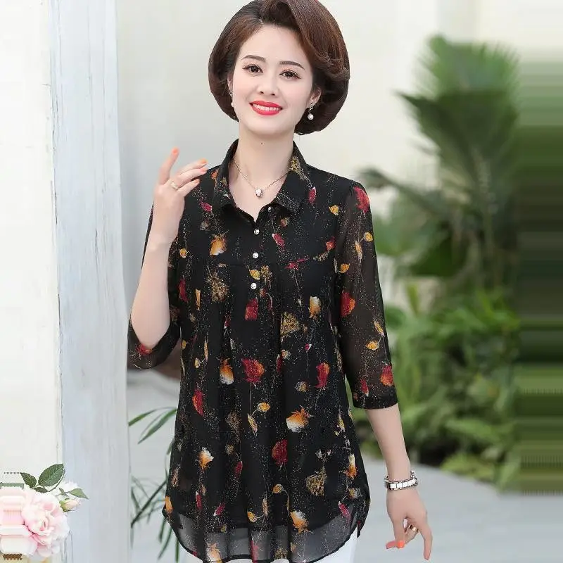 2023 New Women's Clothing Shirt Half Sleeve Polo-Neck Office Lady Loose Plus Size Fashion Casual Elegant Printed Button Blouse