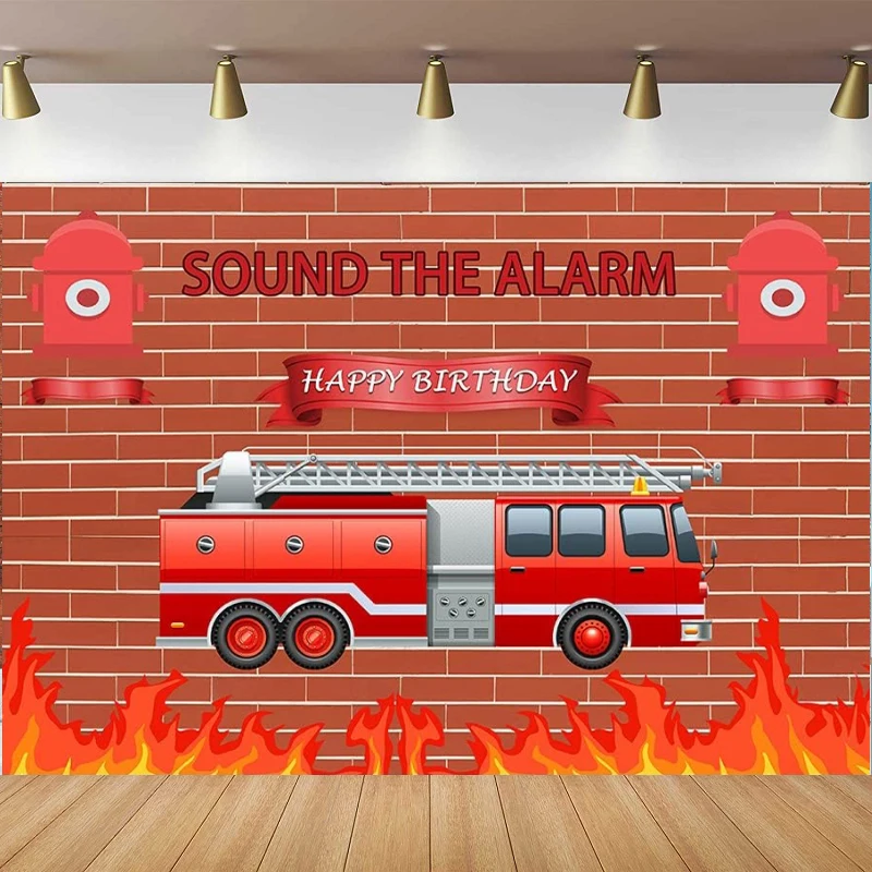 Fireman Birthday Photography Backdrop Red Brick Wall Fire And Truck Background Cake Table Party Decor Banner Photo Studio Props