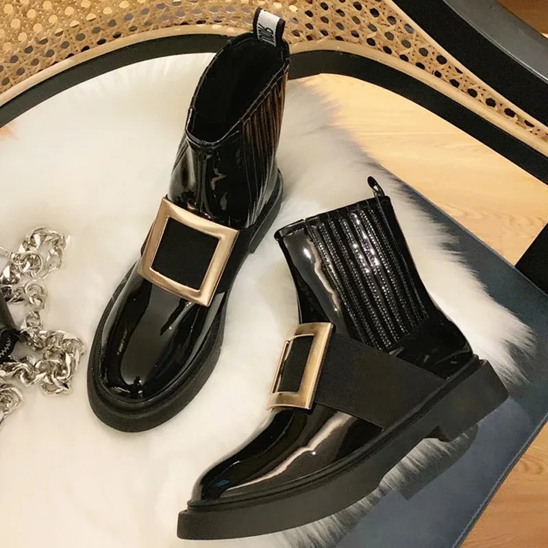 Japanned Leather Chelsea Boots Ladies Brand Shoes Winter Brand Metal Buckle Botas Femme Stretch Riding Bottes Women Shoes Botas