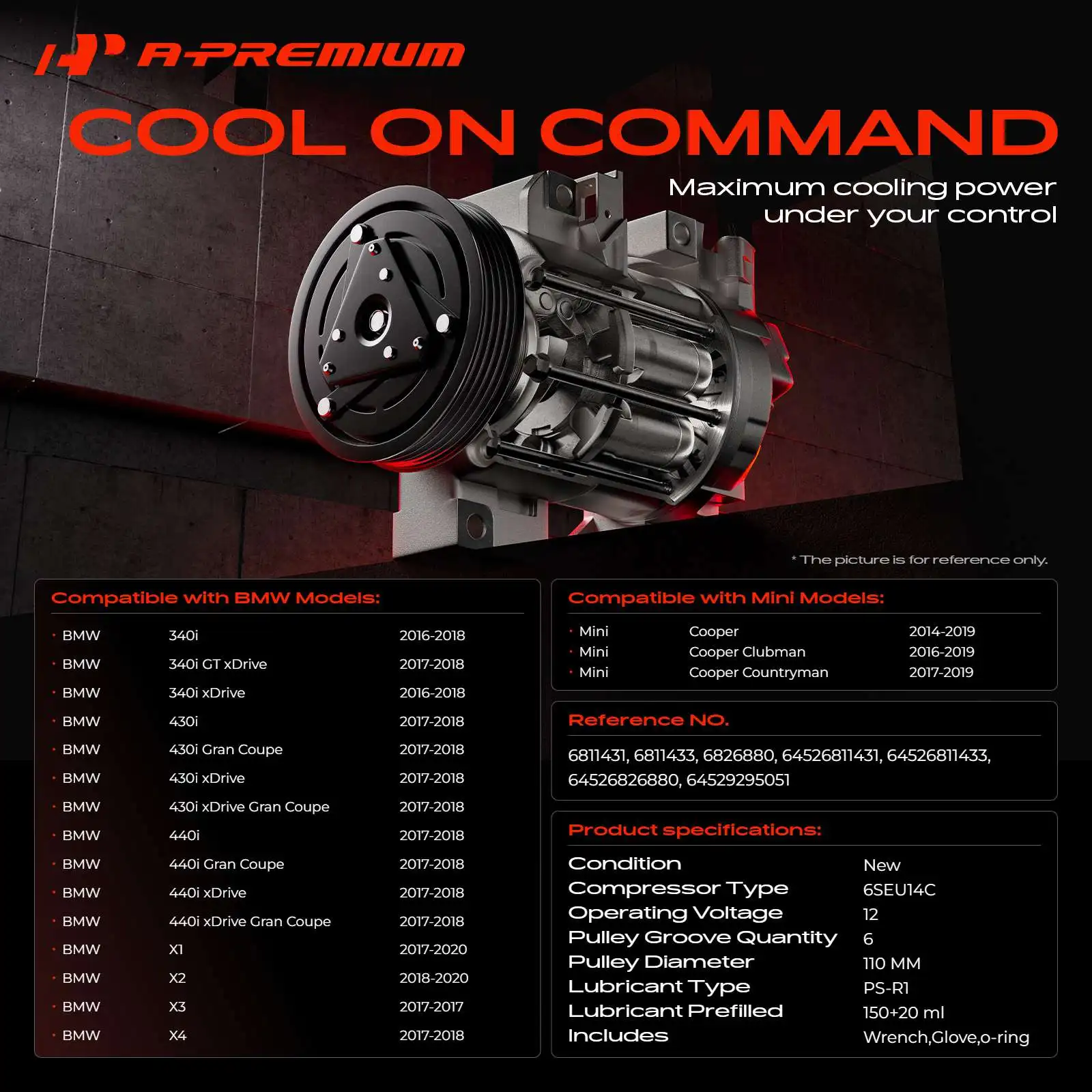 A-Premium AC Compressor with Clutch for BMW 340i 340i xDrive 2016-2018 340i GT xDrive 2017-2018 X3 2017 X1 Mini Cooper 2014-2019