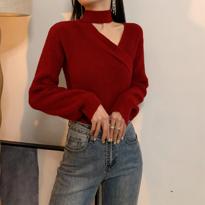 

Женский вязаный свитер с v-образным вырезом, утягивающий дизайн, осень-зима, новый повседневный удобный топ