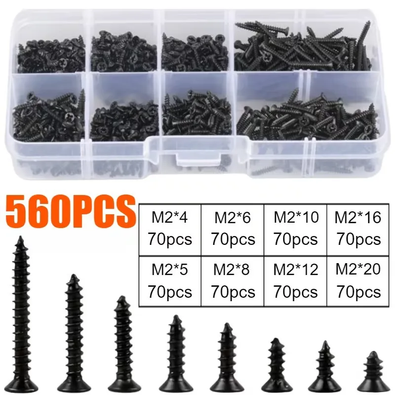 560pcs M2 Small Micro Carbon Steel Cross Phillips Flat Countersunk Pan Head Self Tapping Wood Screw Machine Laptop Screws