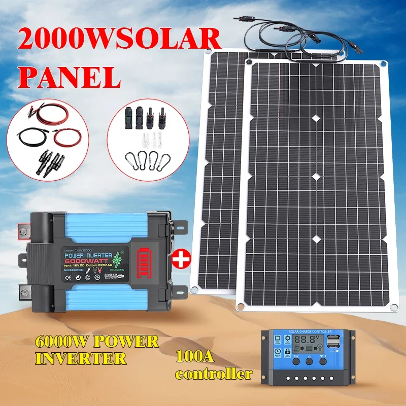 110V220V 6000W Flexible Solar Panel System Kit  12V Battery Charger Controller  Inverter Complete For Home Outdoor Capming