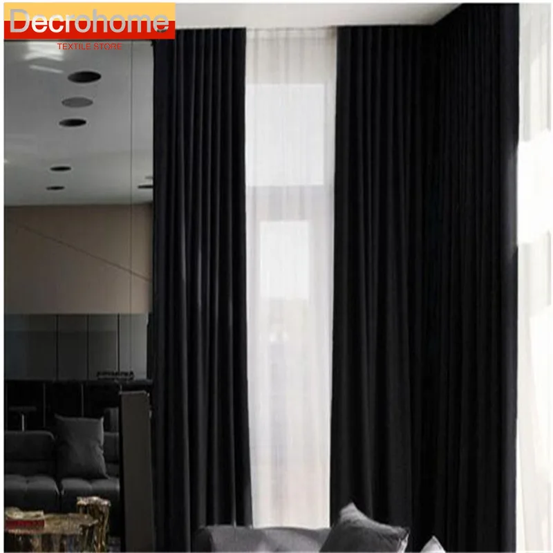 Modern Black Velvet Curtains for Living Room Bedroom Windows Balcony Simple Solid Colour Tulle Blackout Curtains Customize