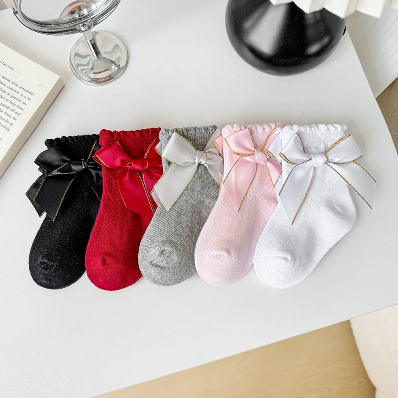 

Cute Baby Girls Summer Socks Ruffle Frilly Ankle Socks Breathable Toddler Dress Socks with Satin Bows