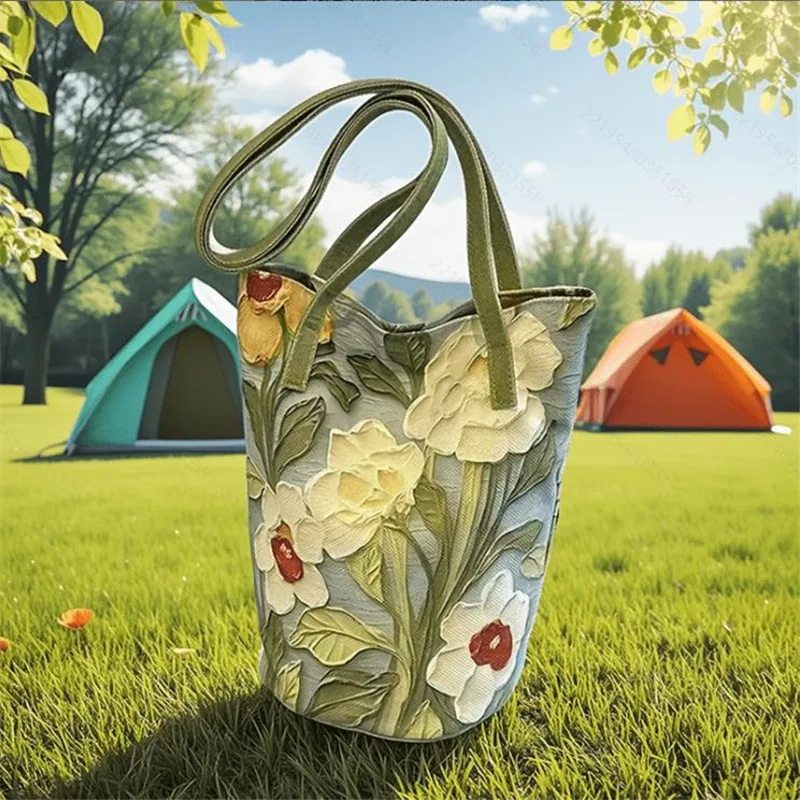 

Women's Floral Bucket Handbag Shoulder Bag, Elegant Oil Painting Flower Design Tote Bag, Durable Oxford Fabric Polyester Lining