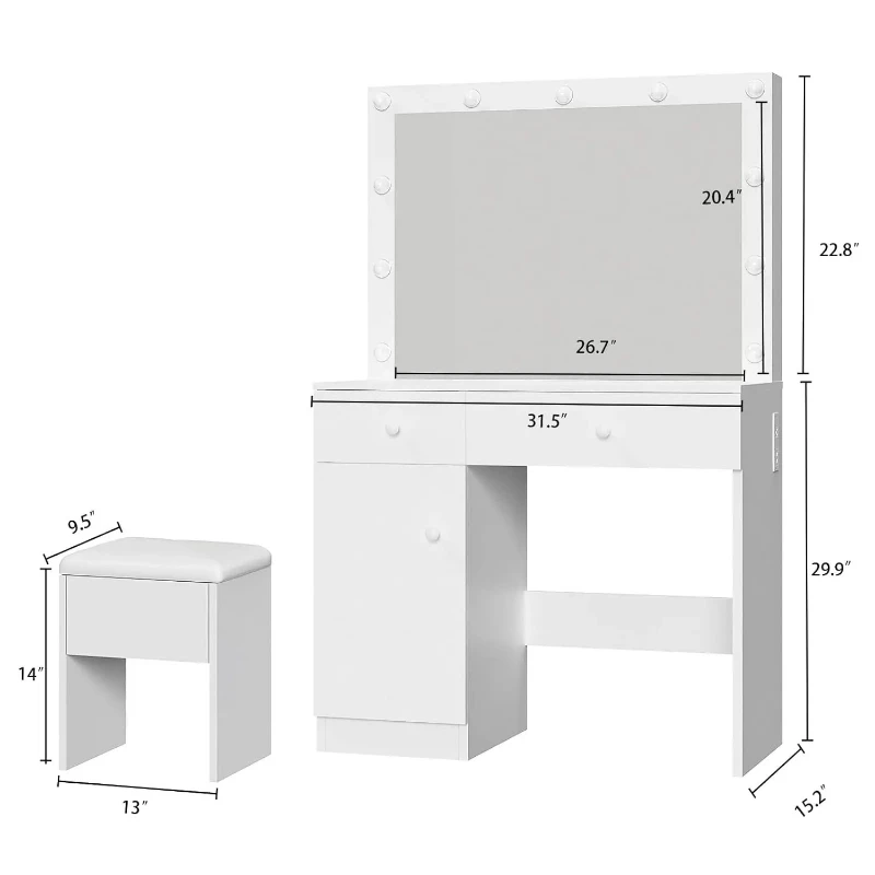 Dresser with mirror, 11 LED lights and power outlets, makeup dresser set with locker, drawers and chair