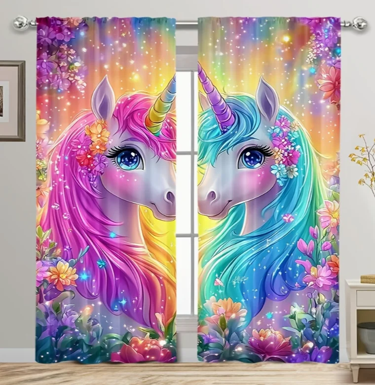 2-teiliges Polyester-Vorhangset mit magischem Einhorn-Blumenmuster, lebendige Regenbogen-Sichtschutzvorhänge, Stangendurchzug-Design für Schlafzimmer, Wohnzimmer, Büro