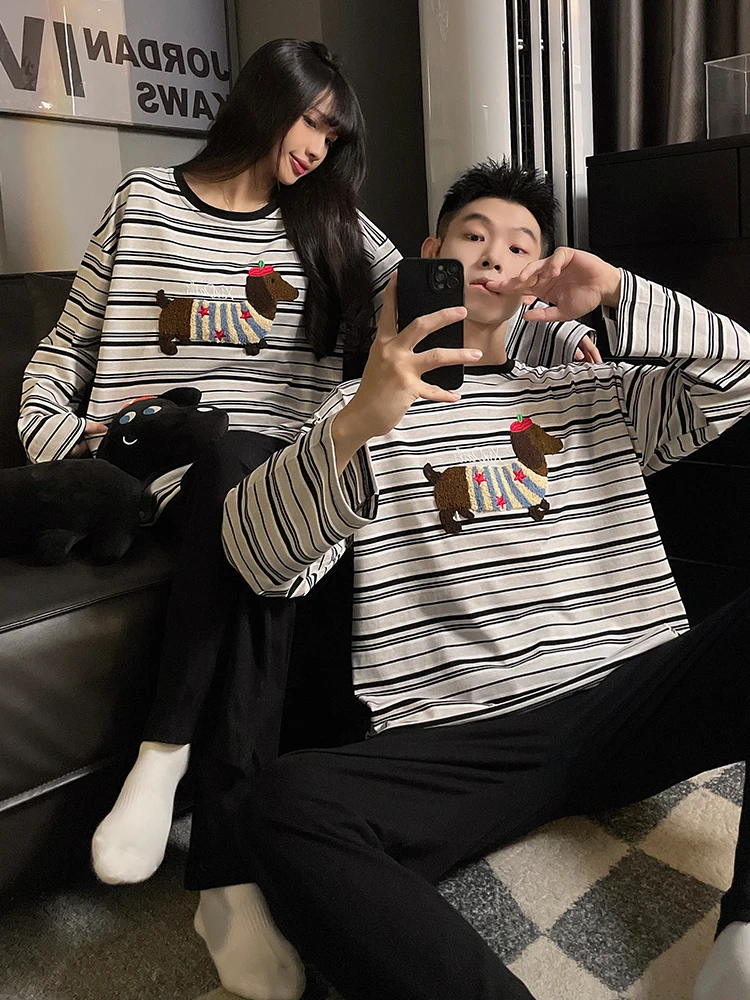 

DAIMELU couple pajamas women's pure cotton long-sleeved spring and autumn thin men's cartoon sleepwear dog large-size loungewear