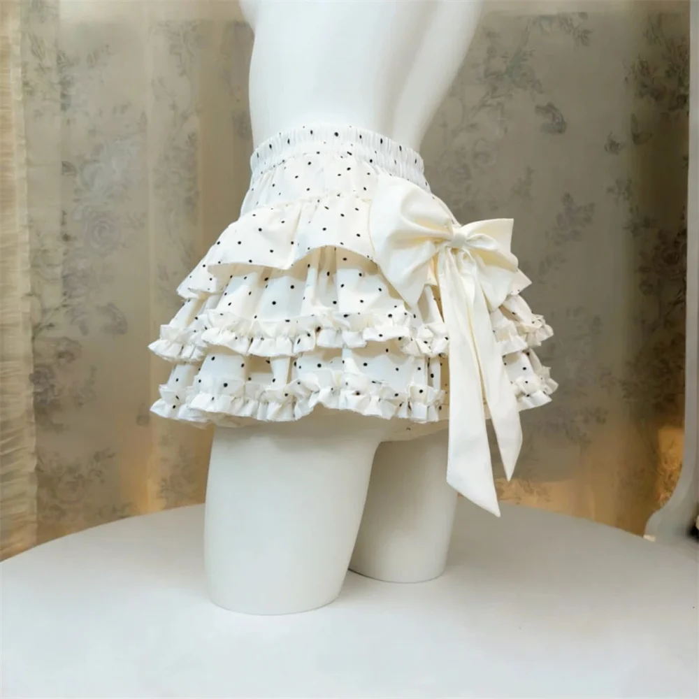 

Lolita Lace Bow Safety Pin Mini Skirt Ruffle Polka Dot High Waist A-line Design 2026 New Japanese Harajuku Elegant Girl Skirt