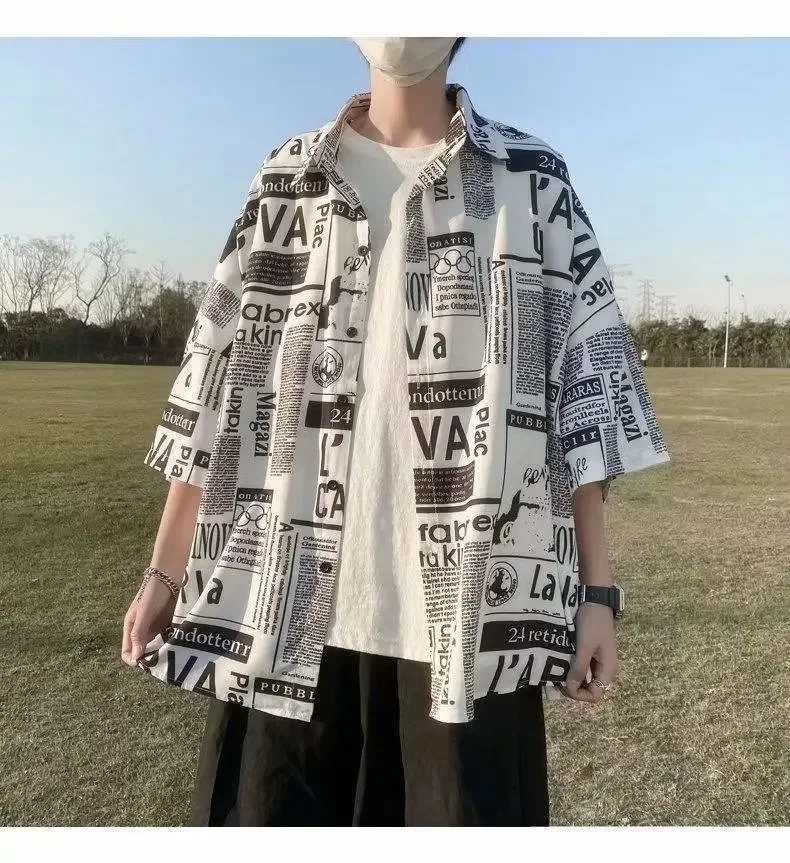Fashion Harajuku Loose Casual Shirt Men's Newspaper Print Summer All Match Cardigan Tops Half Sleeve Shirt Coats Youth Teen
