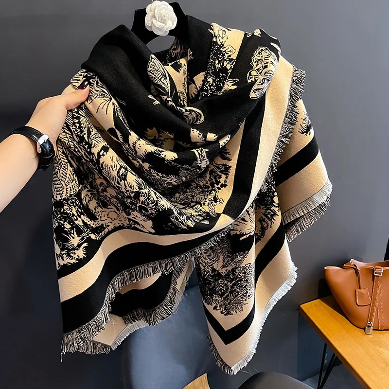 Luxury Brand Cashmere Women Floral Scarf Winter Warm Shawl and Wrap Bandana Pashmina Female Foulard Square Thick Blanket 2024