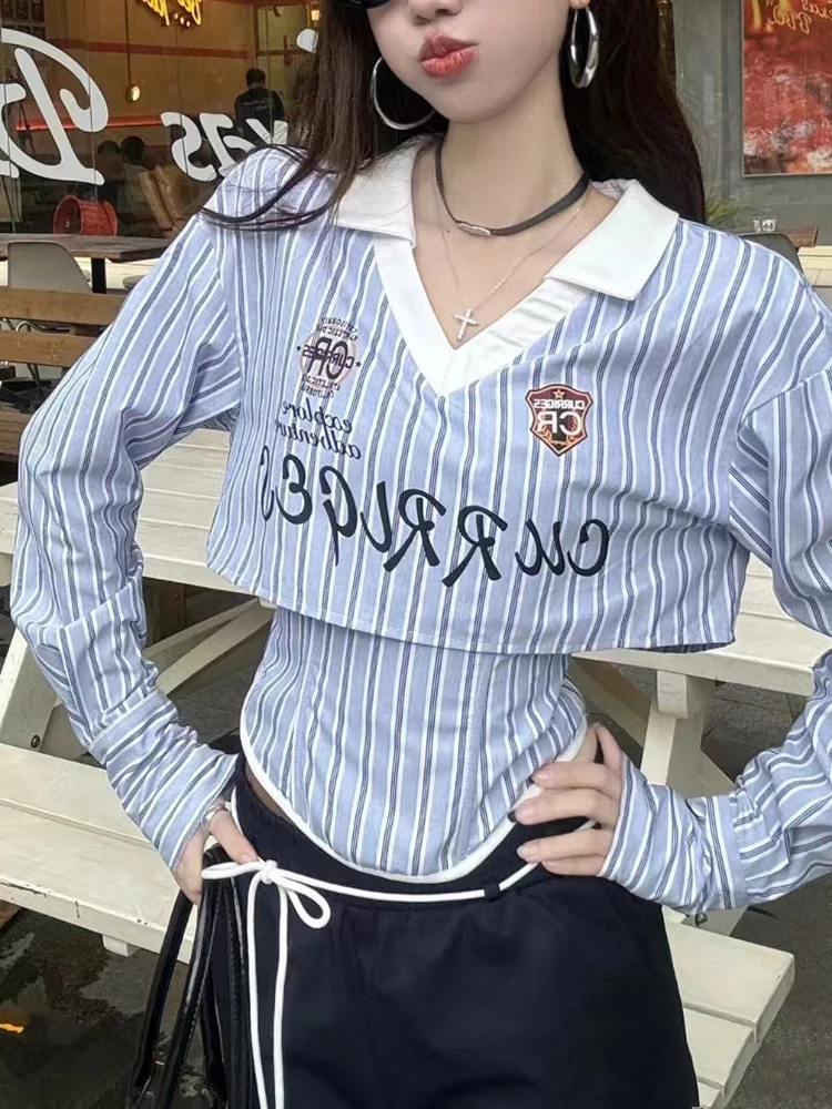 GALCAUR Hip Pop Sexy Slim Women's Two Piece Suit V Neck Long Sleeved Print Spliced Striped Shirt Tube Top Set Female Autumn New