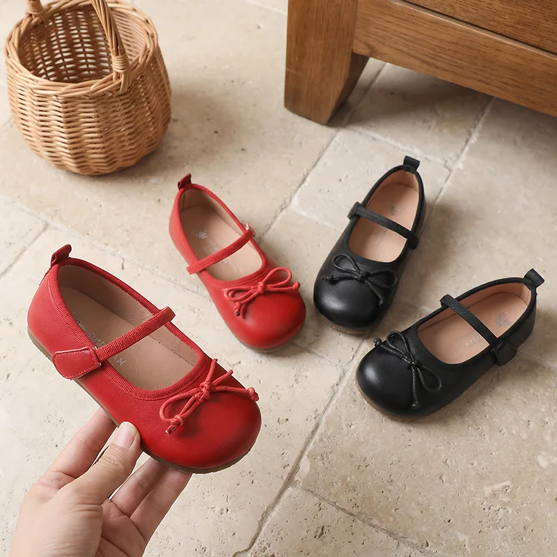

New Spring Autumn Kids School Uniform Flat Shoes Bow Decor Girls Ballet Mary Jane Shoes Wedding Party Children's Leather Shoes