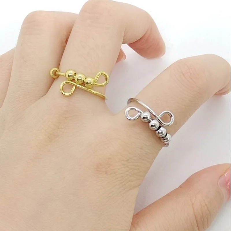 SOHOT Stainless Steel Spin Outer Bead Ring Relieve Anxiety Adjustable Jewelry For Women Simple Fashion Party Gift Wholesale