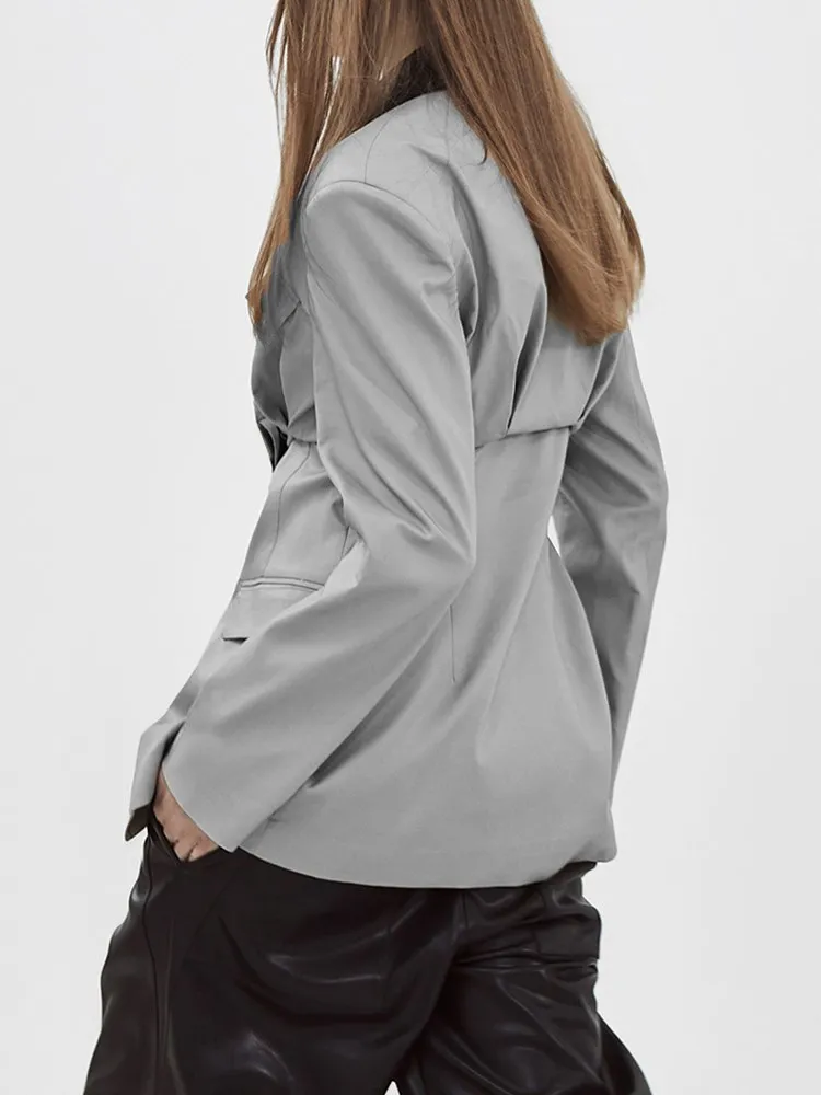 KBQ Asymmetrical Detachable Hem Blazers For Women Notched Collar Long Sleeve Spliced Zipper Casual Folds Blazer Female Clothing