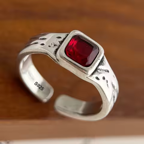 925 Sterling Silver Rings for Women Couple Minimalist Handmade Simple Red Stone Ring Fine Jewelry Gift Prevent Allergy
