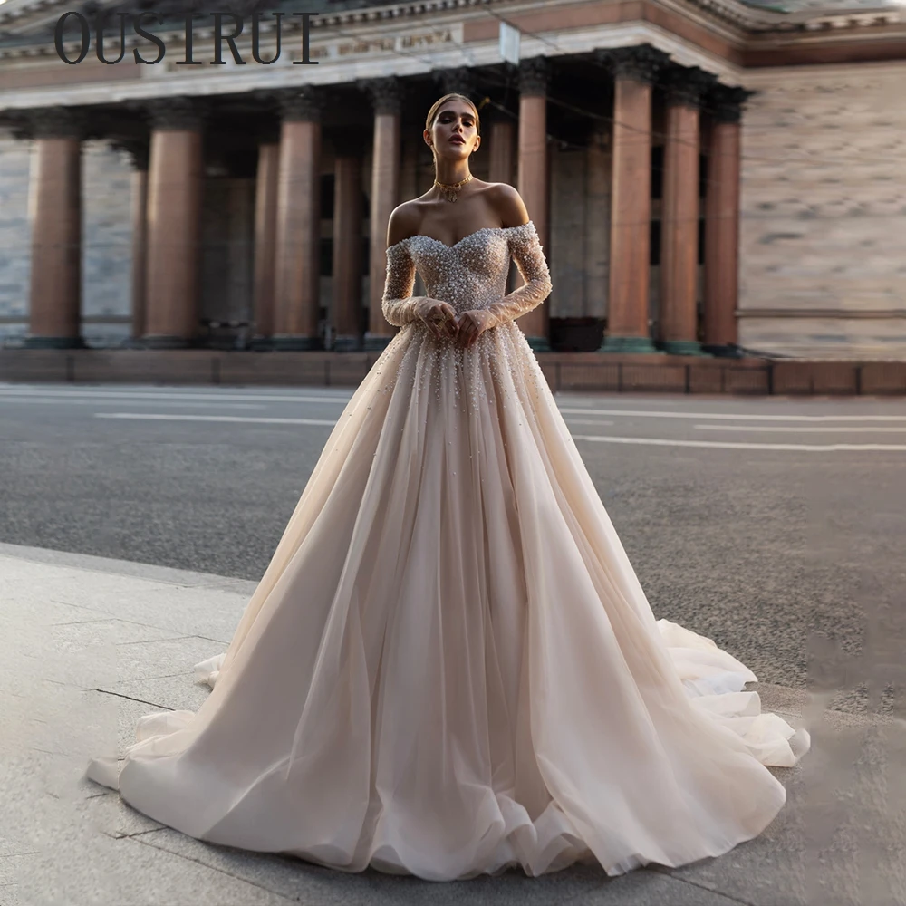 OUSIRUI Retro Off the Shoulder Bride Dress Exqusite Beading High Quality Sweep Train Tulles Bridal Gowns 2024 New Ball Gowns