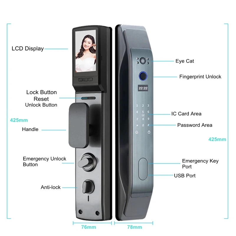 3D Biometric Security Face & Camera Security Door Lock Waterproof APP Wifi Key IC Card Fingerprint Combination Electronic Lock