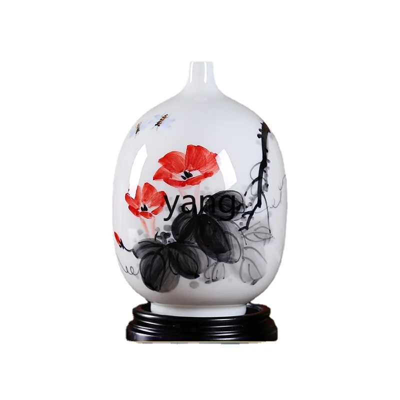 Yjq White Porcelain Hand Drawn Vase Decoration Ceramic Porcelain Crafts Living Room Curio Shelves Decorations