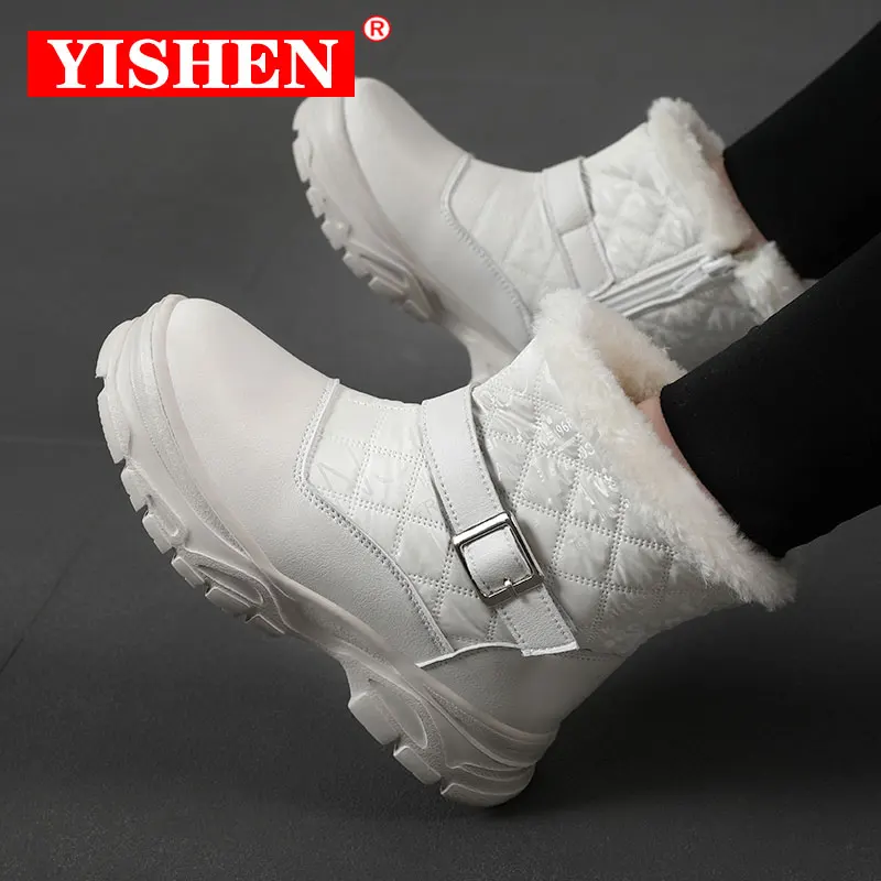 YISHEN-Botas de nieve impermeables para niños y niñas, zapatos cálidos de algodón y felpa, Botines de tacón plano