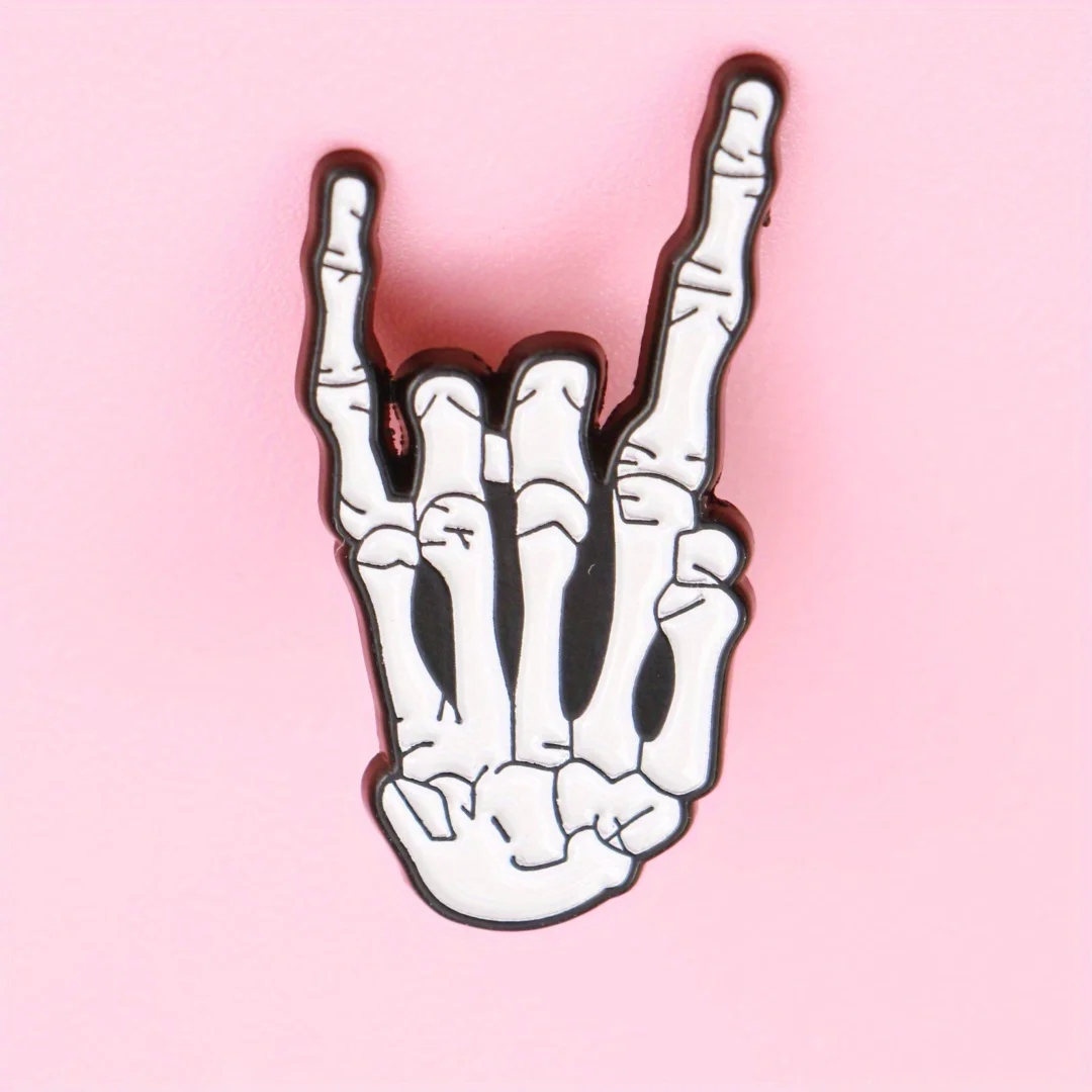 Edgy Skeleton Hand Rock On Gesture Enamel Pin - Black & White Contrast Design for Clothing, Bags