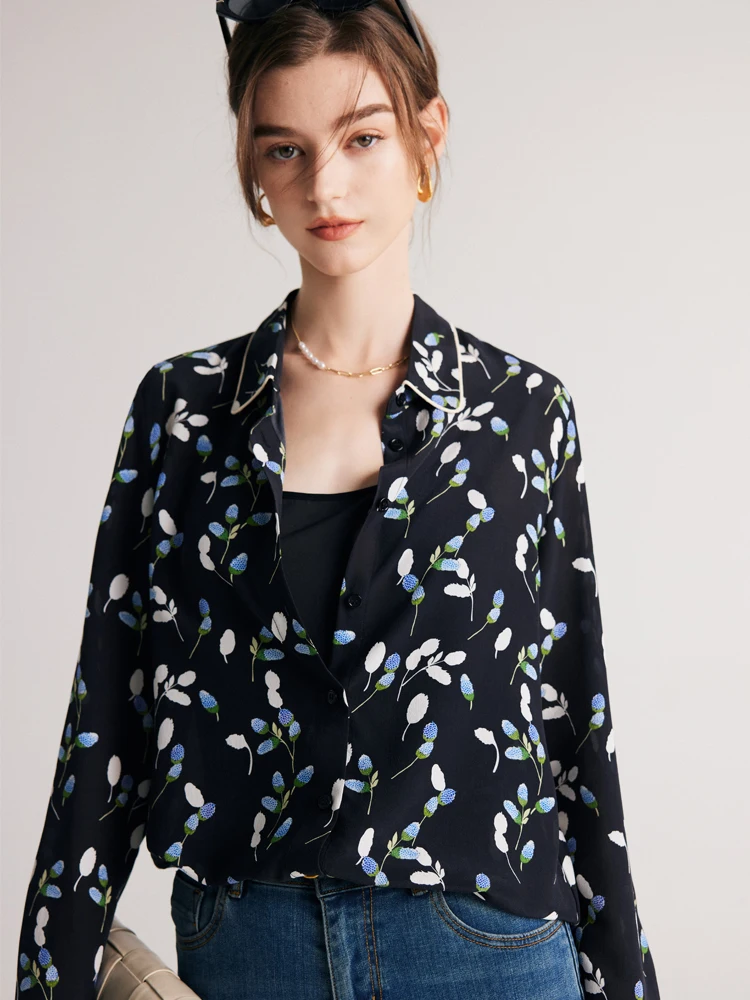 SuyaDream Women Floral Shirts 100%Pure Silk Turn Down Collar Printed Chic Blouses 2023 Spring Summer Office Lady Top Navy