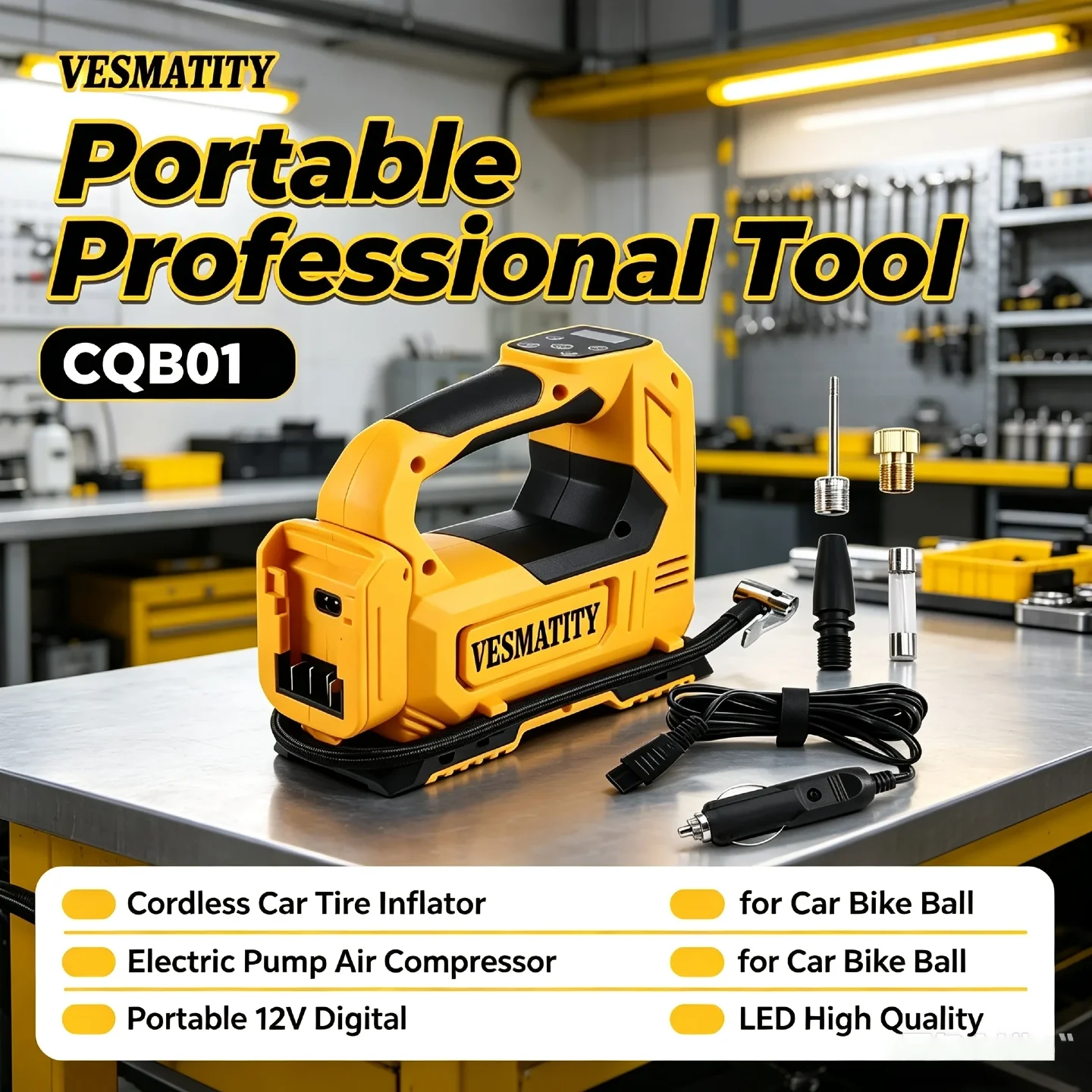 VESMATITY CQB01 Cordless Car Tire Inflator Digital Display LED Light 12V Electric Air Pump for Car Bike Ball Pro Tool Kit