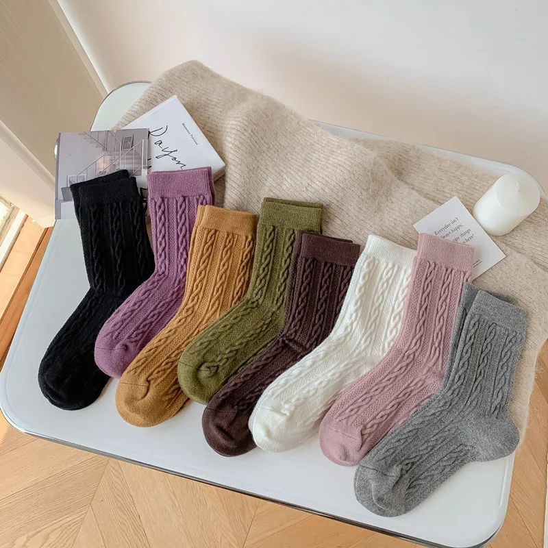 8 Pairs Women's Japanese Style Knit Cashmere Mid-Calf Socks Set Casual Warm Winter Socks Woman Grip Socks High Quality Hosiery