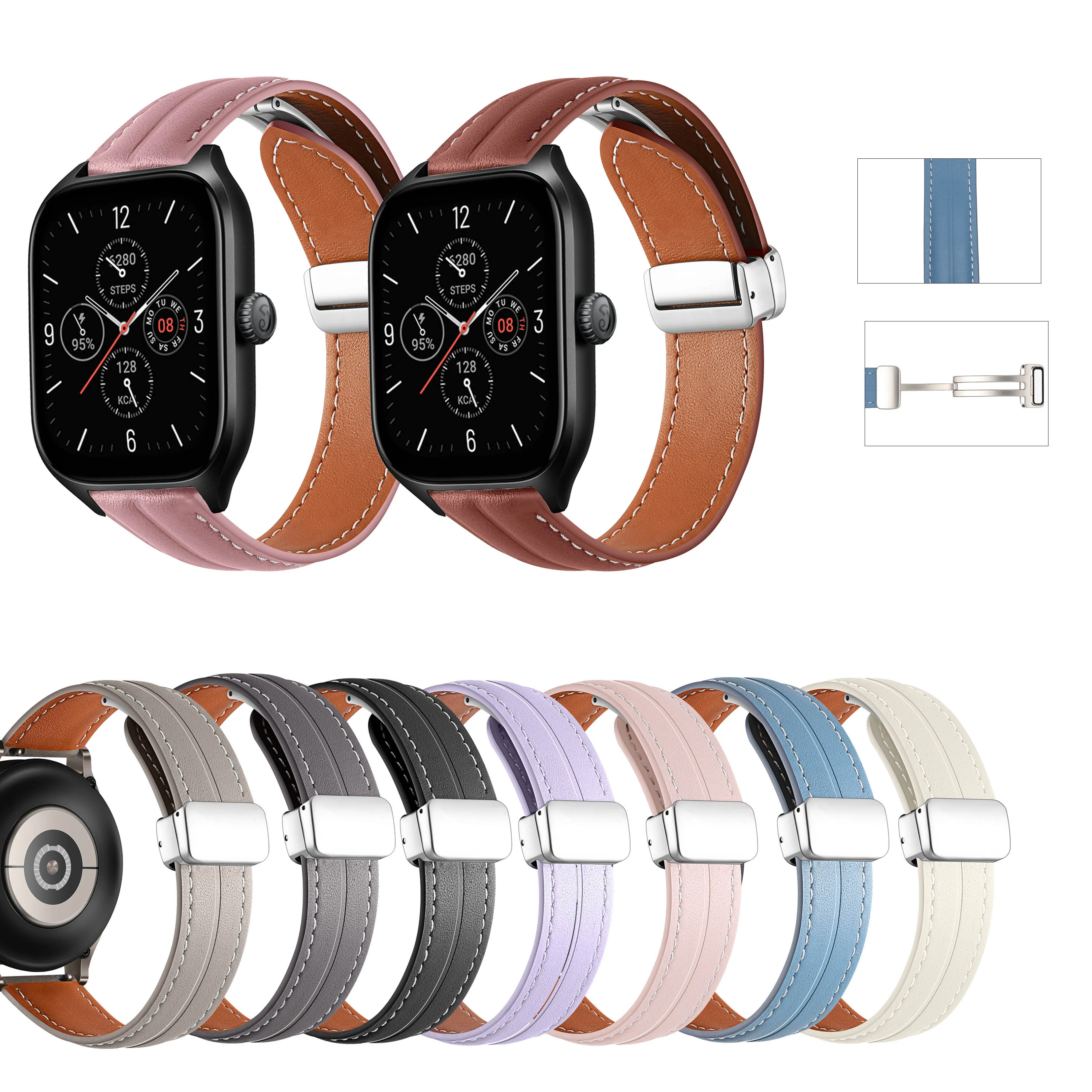 20mm 22mm Folding Buckle Magnetic Buckle Leather Strap Band For Huami Amazfit GTS4 mini GTS2 mini 3 Smart Watch With connector