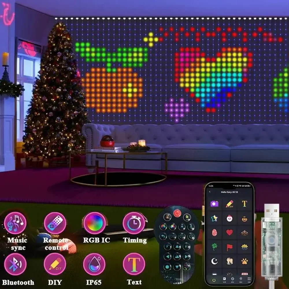

Светодиодная интеллектуальная гирлянда для штор IP65 RGB с управлением через приложение, DIY текст и узоры, сказочная подсветка для декора штор и дома