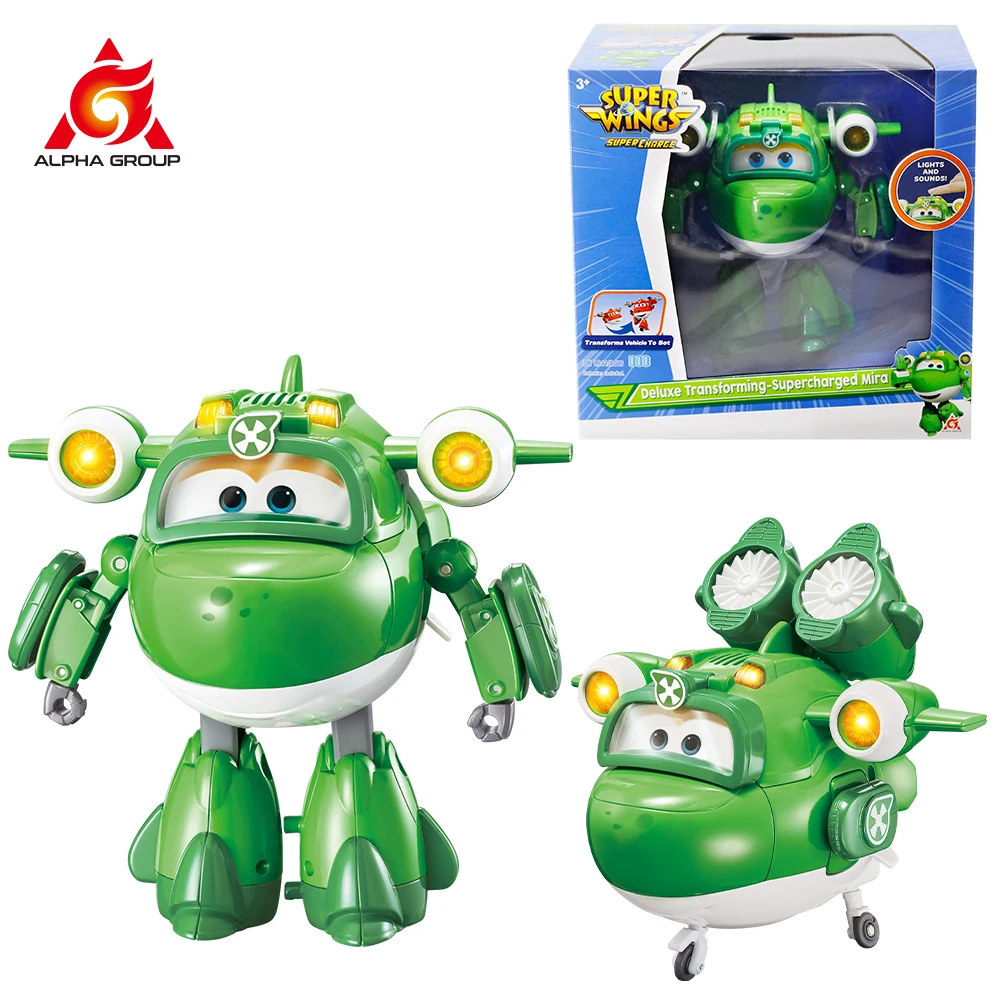 Super Wings 6นิ้ว Deluxe Transforming Supercharged Mira เปลี่ยนเครื่องบินหุ่นยนต์ที่มีไฟเสียง Action Figures ของเล่น