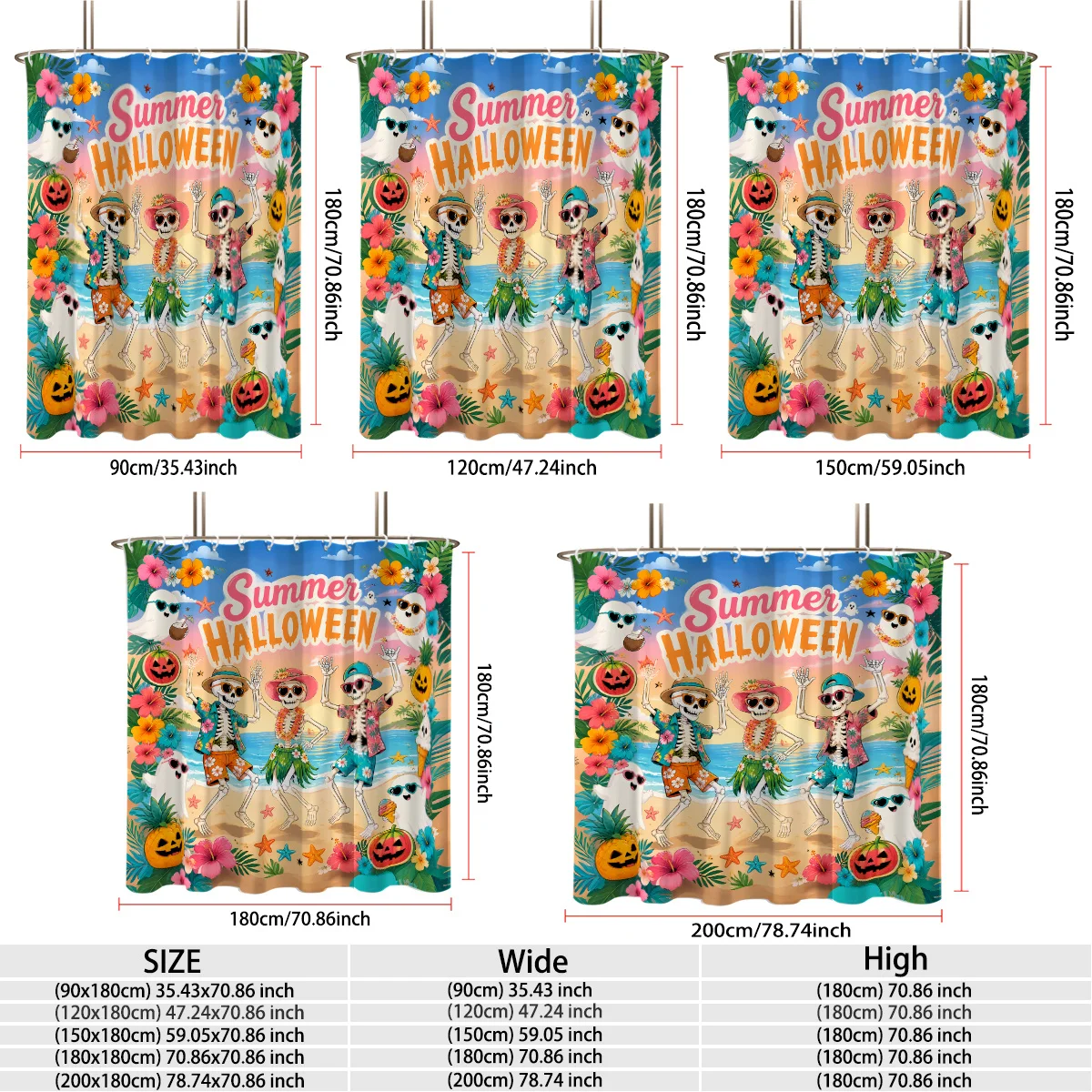 Fun Summer Halloween Shower Curtain Tropical Skeleton Beach Party Bathroom Decor Novelty Print